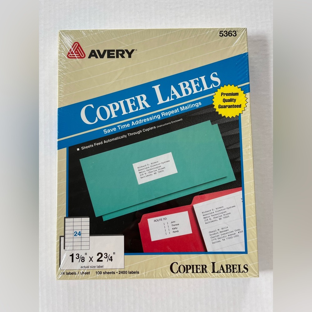 AVERY Copier Labels 1 3/8”x2 3/4” 5363 24 Labels / Sheet 100 Sheets 2400 Labels